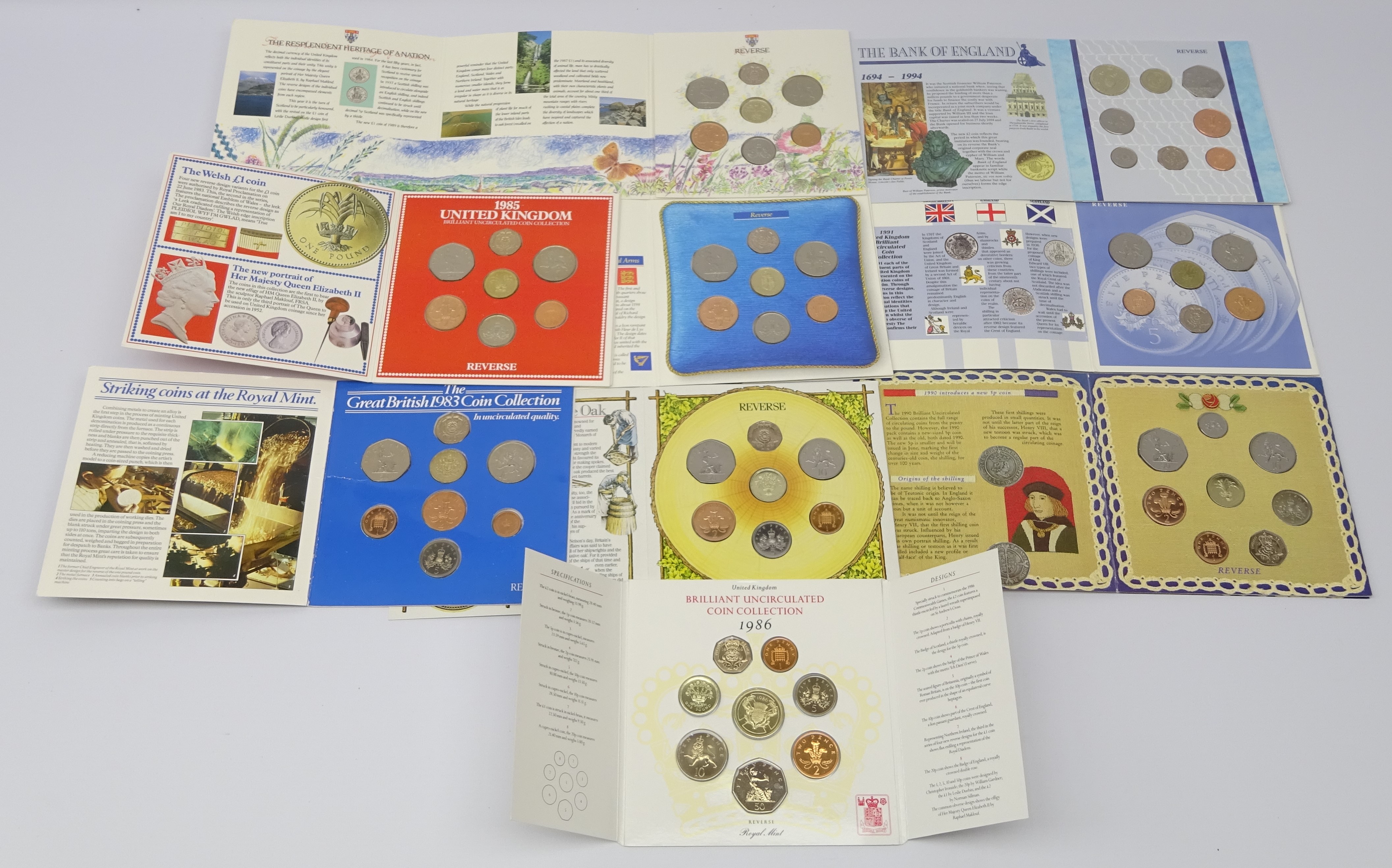 Nine United Kingdom brilliant uncirculated coin collections; 1983, 1985, 1986, 1987, 1988, 1989,