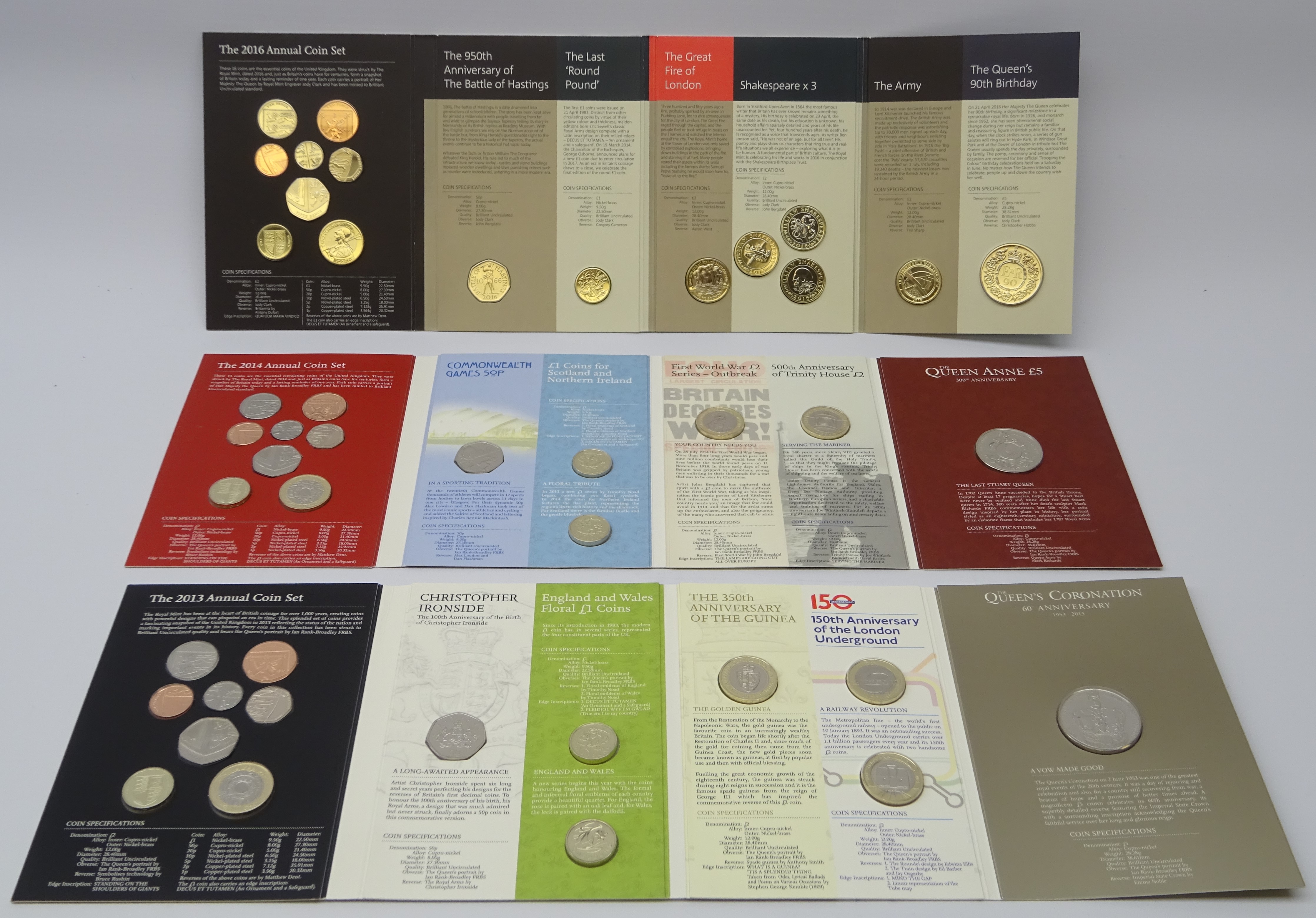Three United Kingdom annual coin sets; 2013, 2014 and 2016,