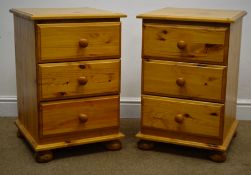 Pair pine bedside chests, moulded top, three drawers, bun feet, W43cm, H65cm,
