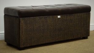 Modern wicker and studded faux leather ottoman, W121cm, H50cm,