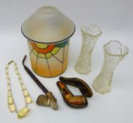 Carved Meerschaum pipe, 'Jacob' ceramic pipe, Art Deco faceted glass necklace,