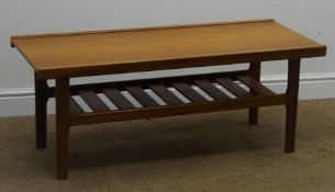 Teak coffee table, four supports joined by a slatted undertier, W112cm, H44cm,