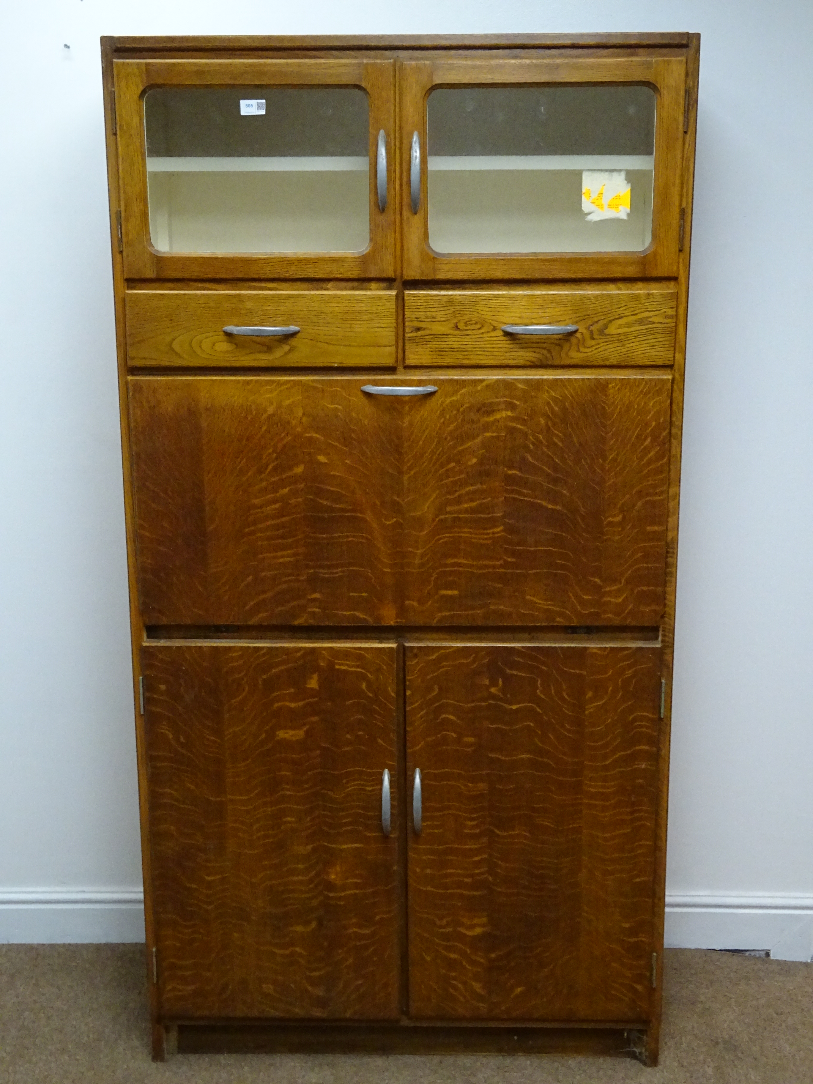 1950s oak kitchen cabinet, two glazed doors, two drawers above fall ...