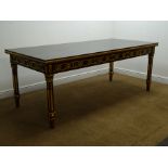 French style ebonised walnut table with gilt detailing and square supports, 98cm x 210cm,