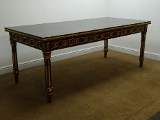 French style ebonised walnut table with gilt detailing and square supports, 98cm x 210cm,