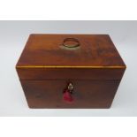 George III figured mahogany and satinwood strung tea caddy, ivory inlaid escutcheon,