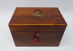 George III figured mahogany and satinwood strung tea caddy, ivory inlaid escutcheon,