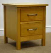 Solid light oak bedside chest, two drawers, stile supports, W46cm, H57cm,