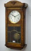 Early 20th century oak cased wall clock, triple train driven Westminster chiming movement,