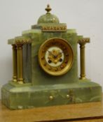 20th century green onyx mantel clock, temple shaped case with brass columns,