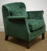 Low back armchair silver nail upholstered in emerald velvet, on square supports,