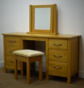 Solid light oak twin pedestal dressing table, three drawers, stile supports (W137cm, H75cm,