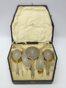 Art Deco silver dressing table set, engine turned decoration by Walker & Hall, Sheffield 1930,