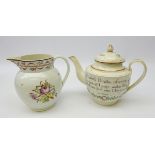 18th century Pearlware teapot, painted with flowers in polychrome enamels and verse