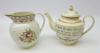 18th century Pearlware teapot, painted with flowers in polychrome enamels and verse