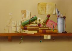 Still life of Books, 20th century oil on canvas signed by Mike Woods (British 1967-),