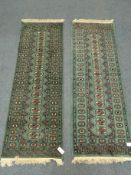 Pair Persian style Bokhara green ground runners,