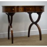 Regency style kidney shaped inlaid mahogany desk, single drawers, 'X' framed supports, W95cm, H74cm,