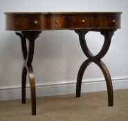 Regency style kidney shaped inlaid mahogany desk, single drawers, 'X' framed supports, W95cm, H74cm,