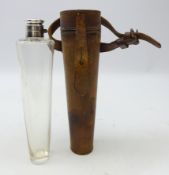 Tapered glass and silver-plated hunting stirrup flask by James Dixon & Sons in leather case