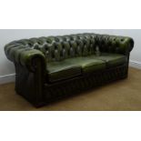 Chesterfield three seat sofa, upholstered in deep button green leather,