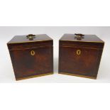 Pair George III figured mahogany crossbanded tea caddies, square form,