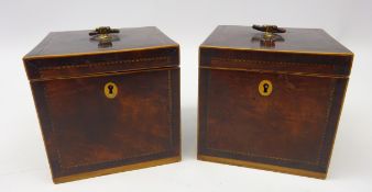 Pair George III figured mahogany crossbanded tea caddies, square form,