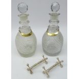 Pair matching Georgian hobnail cut decanters, ovoid form body, double cut neck-rings,