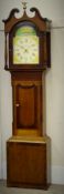 19th century cross banded oak longcase clock, broken arch pediment, brass finial with Phoenix,