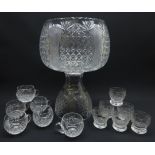 Impressive heavy cut glass crystal punch bowl on stand with hobnail and fan cut body,
