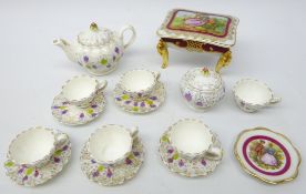 Artone hand painted miniature tea set, lacking one saucer,