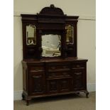 Edwardian walnut breakfront sideboard, raised mirror back, shaped and carved cresting rail,