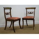 Regency brass inlaid rosewood salon chairs, carved and pierced splat, upholstered seat,