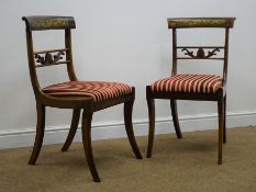 Regency brass inlaid rosewood salon chairs, carved and pierced splat, upholstered seat,