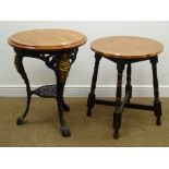 Cast iron Britannia pub table (D60cm, H74cm), and a copper top table, turned supports (D56cm,