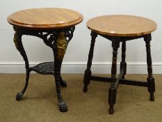 Cast iron Britannia pub table (D60cm, H74cm), and a copper top table, turned supports (D56cm,