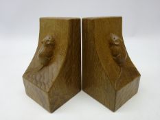 'Mouseman' pair adzed oak bookends by Robert Thompson of Kilburn, H15.