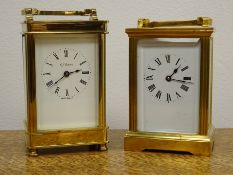 20th century brass carriage timepiece, reeded case with bevelled glass panels and Roman dial,