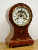 Edwardian inlaid mahogany balloon cased mantel clock, white dial with visible escapement,