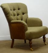 Victorian style high back armchair upholstered in Scottish wool tweed and tan leather on turned