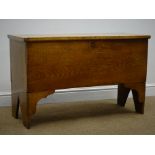 19th century elm planked coffer, hinged lid, shaped solid end supports, W101cm, H63cm,