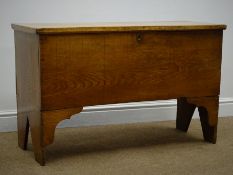 19th century elm planked coffer, hinged lid, shaped solid end supports, W101cm, H63cm,