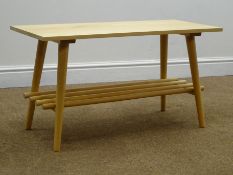Rectangular sycamore coffee table, out splayed tapering supports joined by an undertier, W80cm,