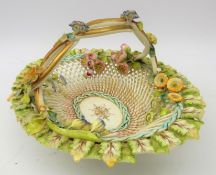 19th century porcelain basket, entwined gilded handle, woven base and floral encrusted flowers,