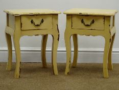 Pair small French style distressed painted wood stands, shaped top and single drawer, W35cm, H45cm,