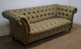 Large two seat Chesterfield style sofa, upholstered in Scottish wool tweed with leather fascias,