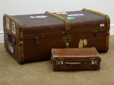 Vintage wooden bound travel chest, hinged lid with clasps (W81cm, H35cm,