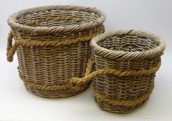 Large wicker log basket with rope work handles,