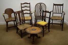 Early 20th century ladder back oak armchair, rush seat, turned supports (W61cm),