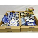 Rockingham style blue and white teapot, pair Warwick Ware Willow pattern mounted dishes,